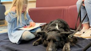 Des chiens encouragent la lecture à la bibliothèque